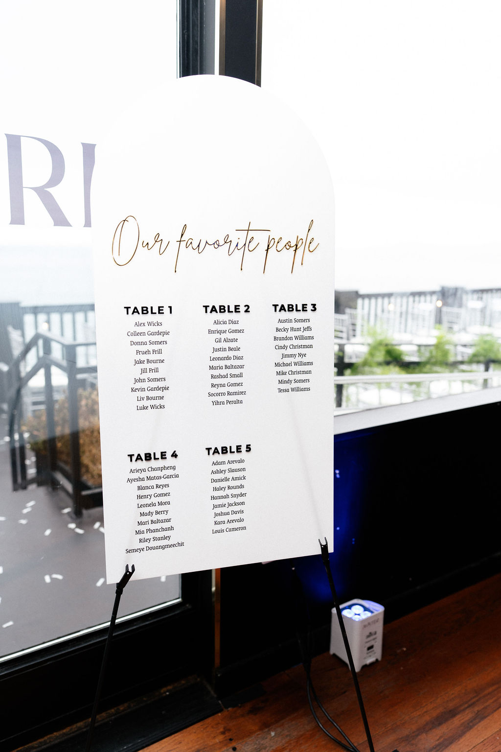 A white sign on an easel displays a seating chart titled "Our favorite people," listing names under eight table numbers. The background shows windows with an outdoor view.