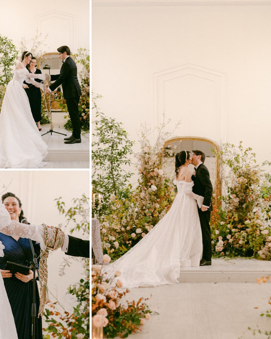 A bride and groom stand together at a floral-decorated altar, exchanging vows and sharing a kiss during their wedding ceremony.
