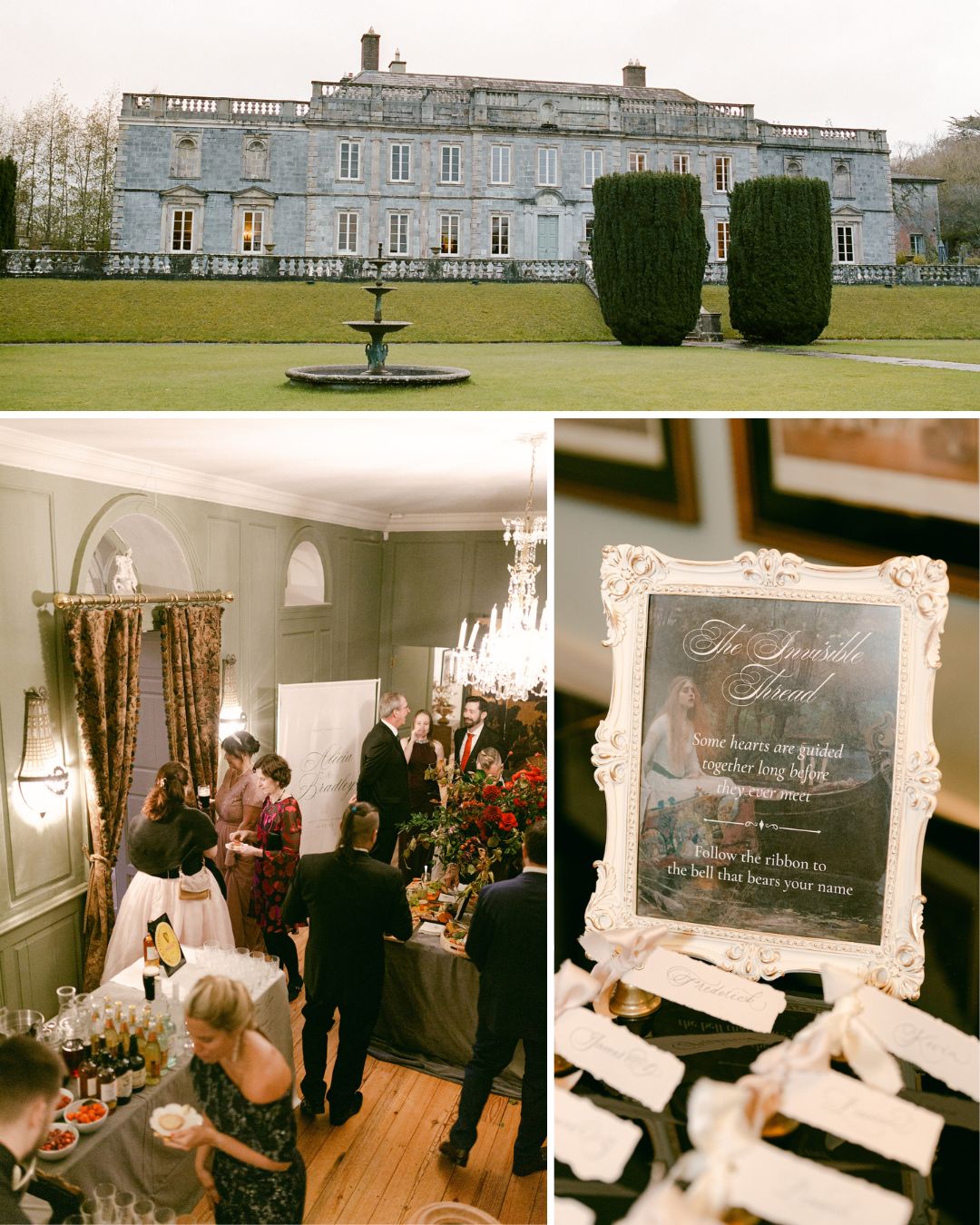 Collage showing a large mansion, guests mingling indoors at a formal event, a framed sign, and a tray with slices of cake.