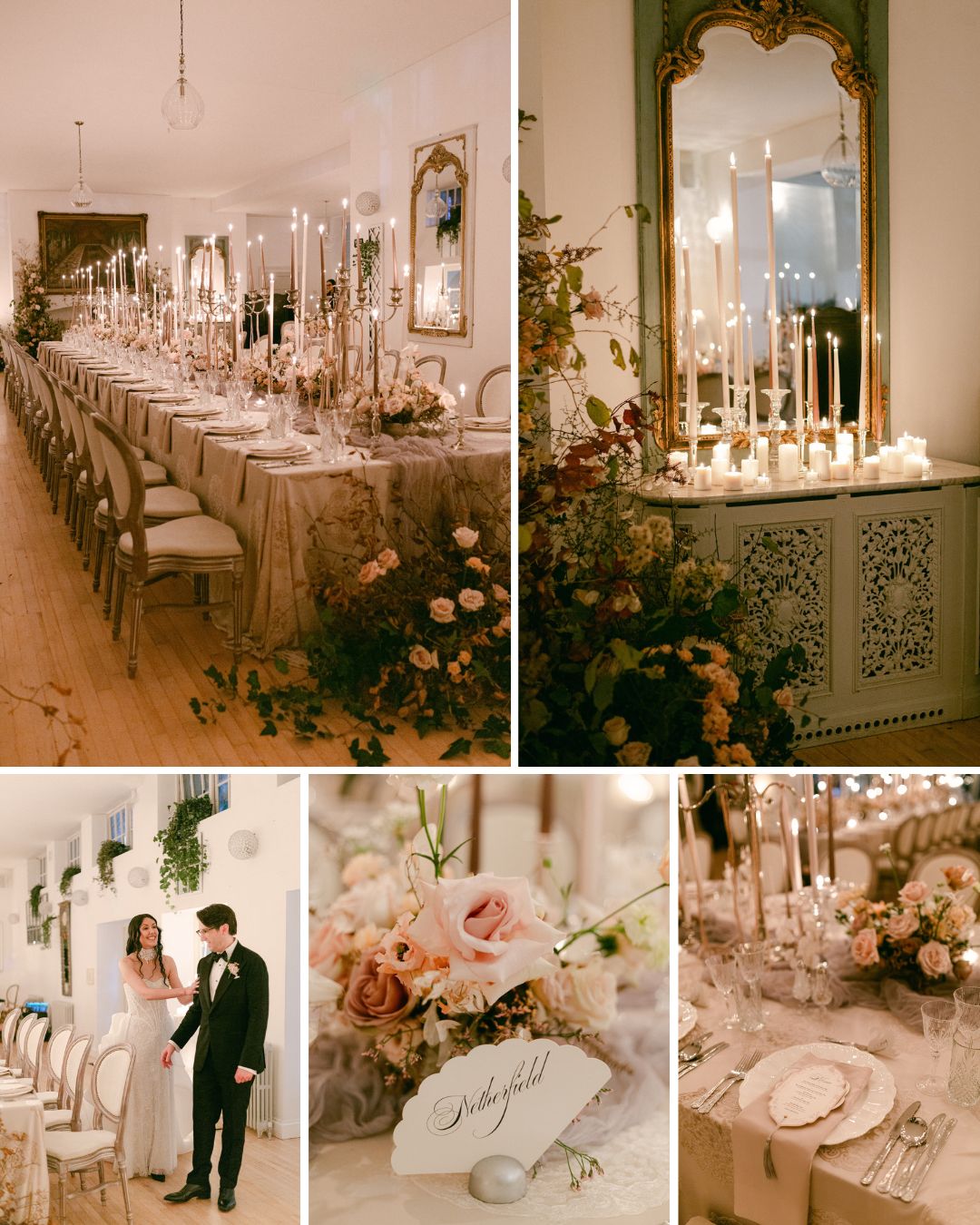 Elegant wedding reception setup with long candlelit tables, floral centerpieces, a large mirror, and place cards. A couple stands together in formal attire.