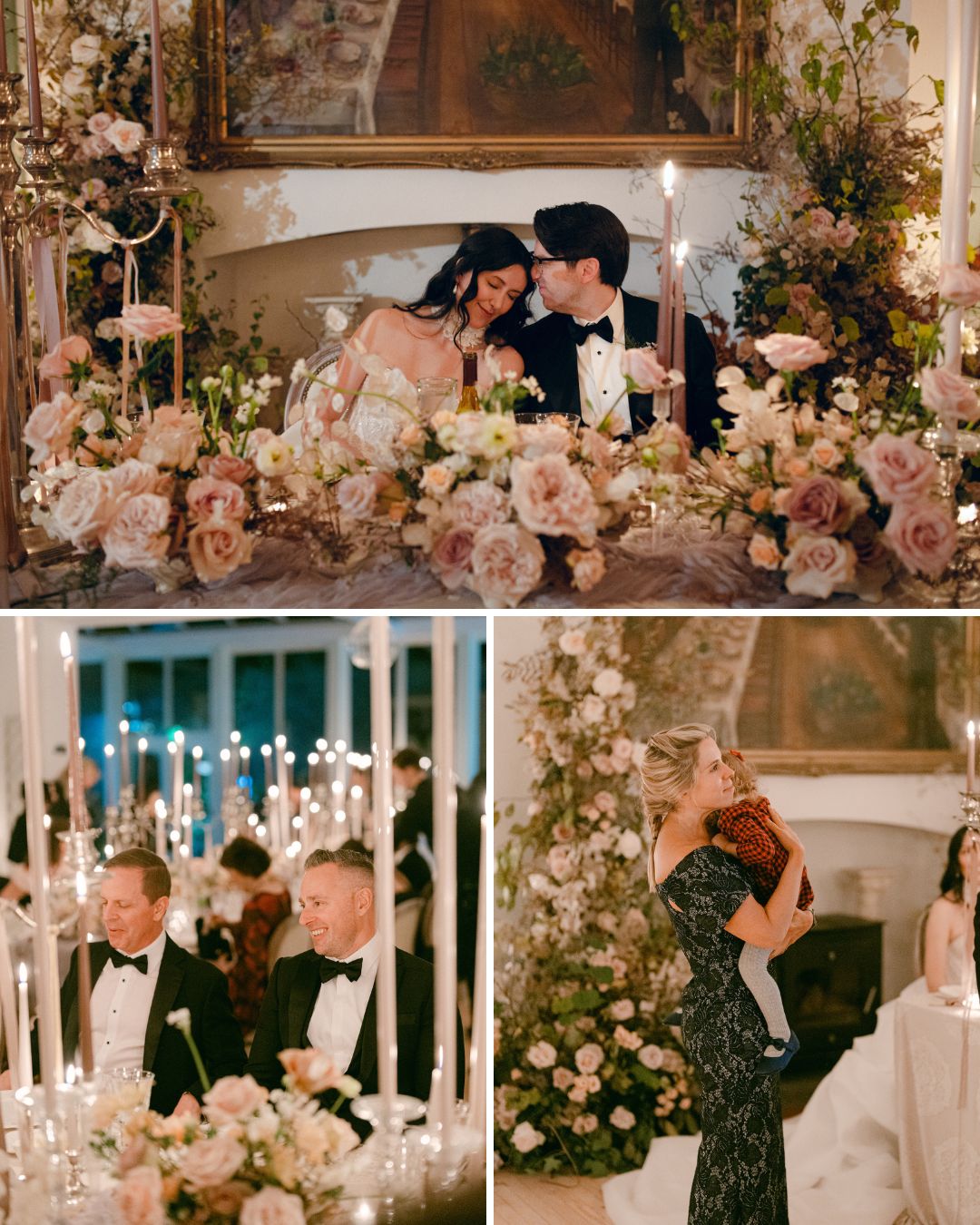 A bride and groom sit at a flower-covered table, guests dine by candlelight, and a couple embraces at an elegantly decorated wedding reception.