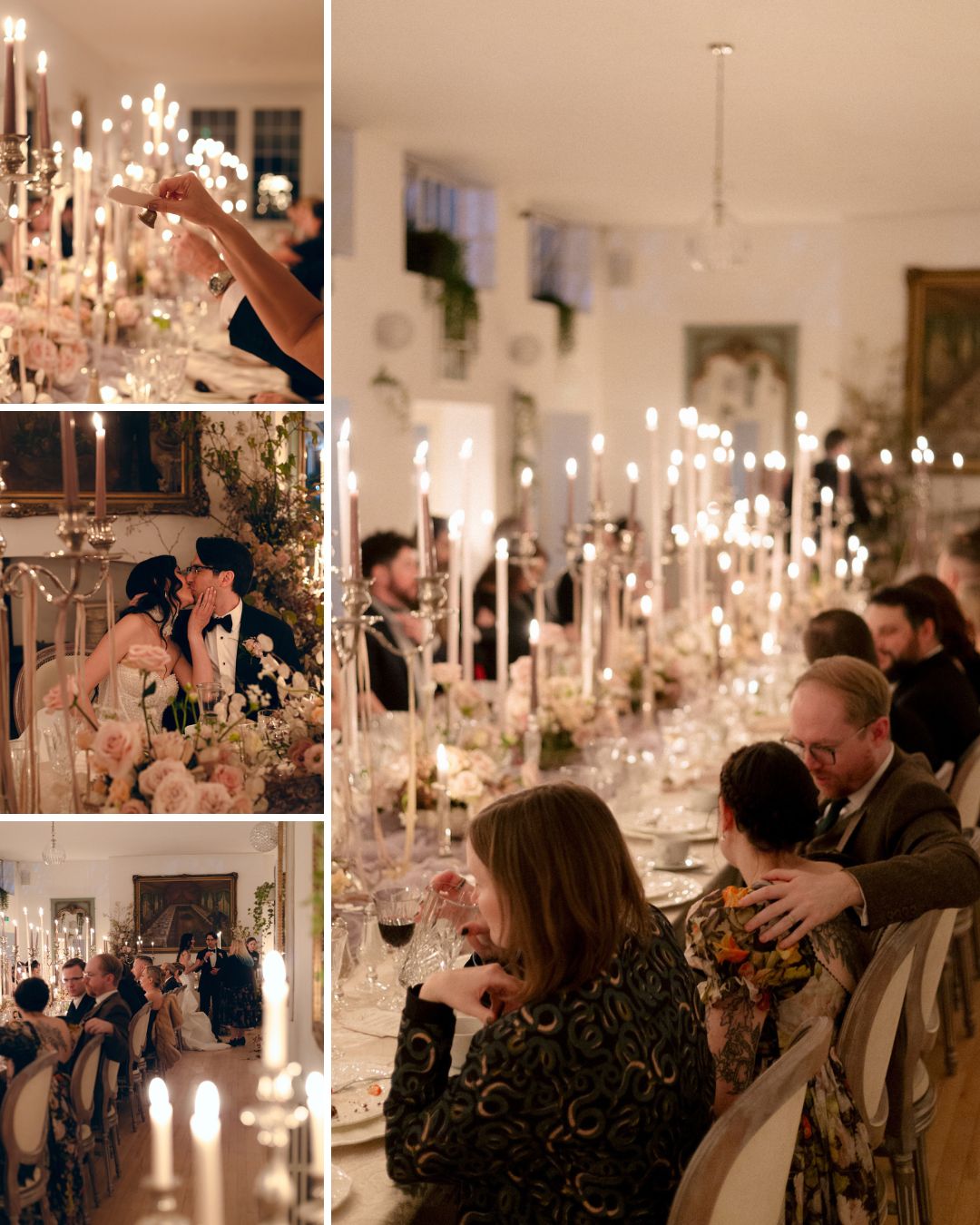 A long table set for a formal dinner with many lit candles; guests are seated, talking, and toasting in an elegant, softly lit room.