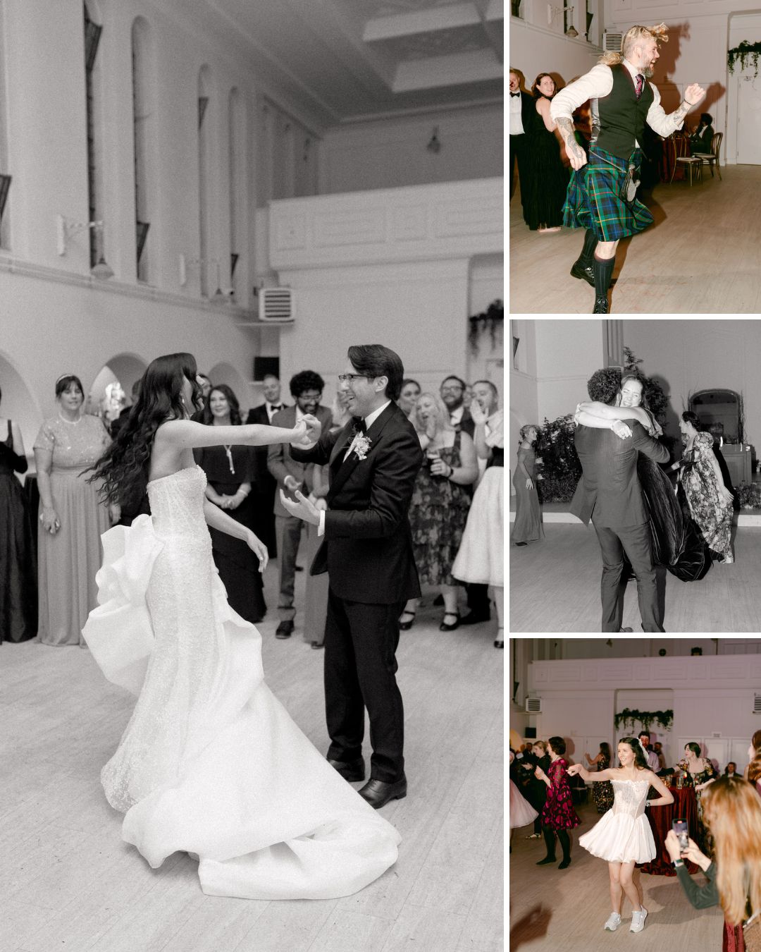 A bride and groom dance at their wedding while guests in various outfits, including kilts, dance energetically in adjacent photos.
