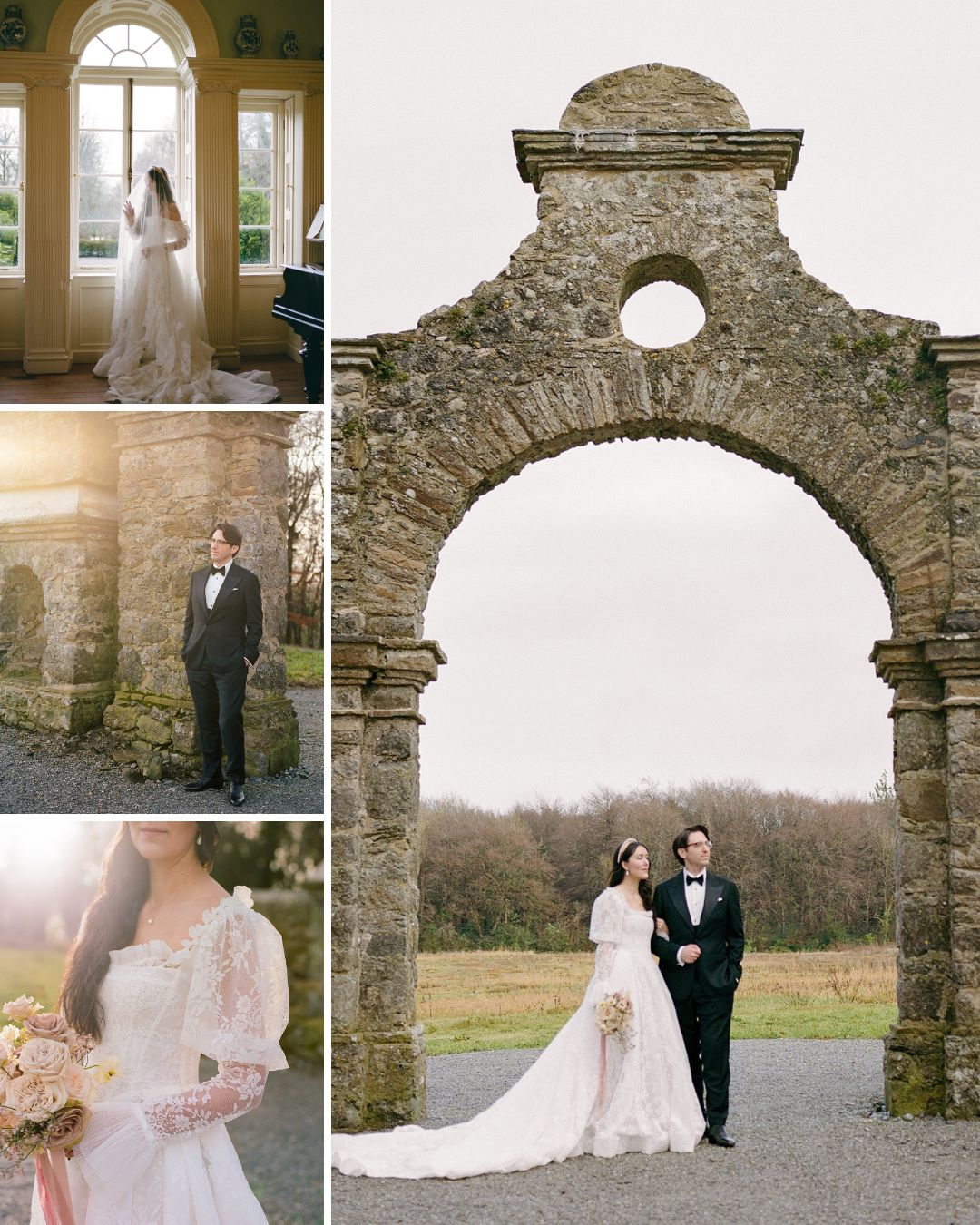 Collage of wedding photos featuring a bride in a white dress and a groom in a tuxedo, posing by stone structures and holding a bouquet.