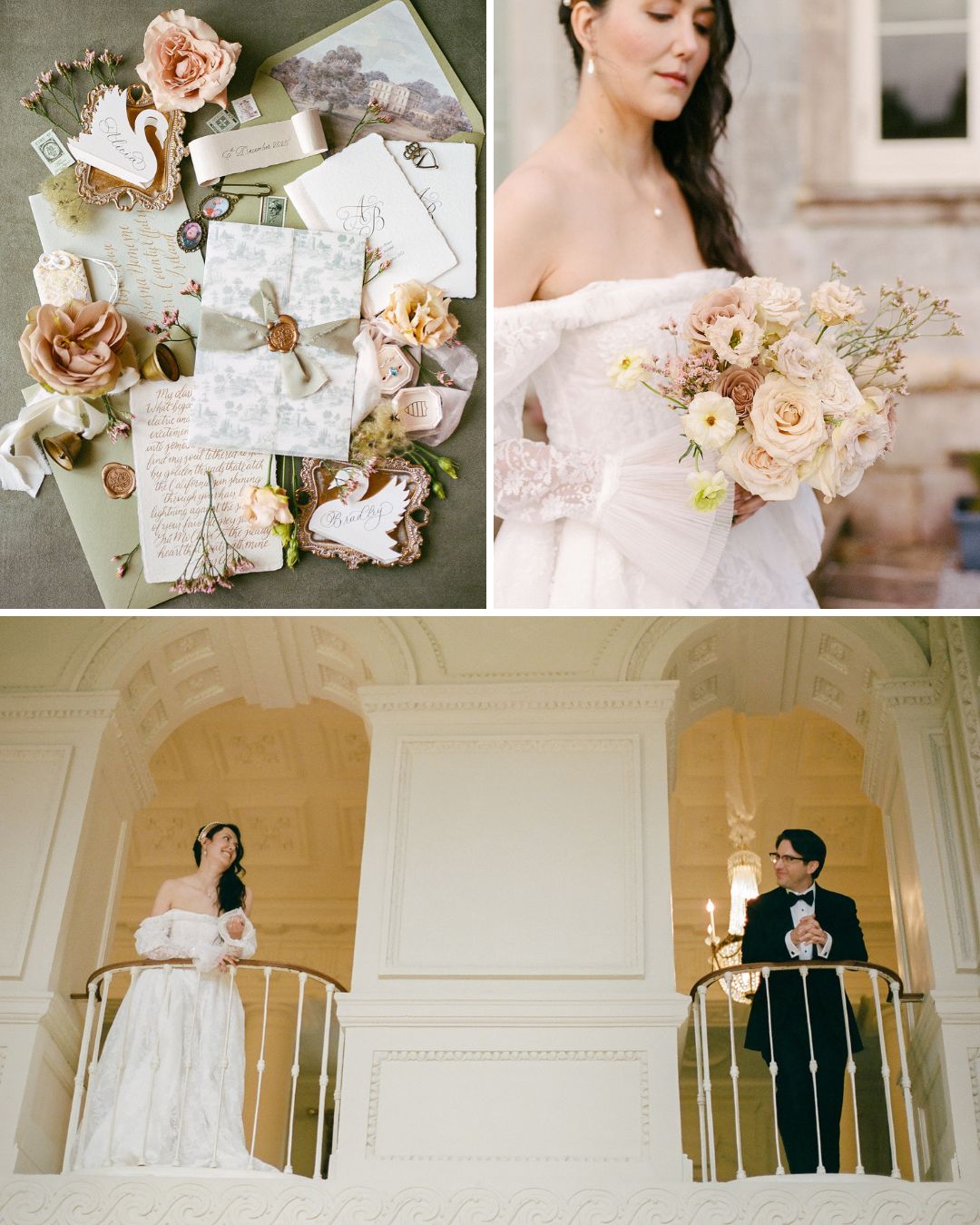 A collage shows wedding invitations with flowers, a bride holding a bouquet, and a bride and groom standing on separate balconies indoors.