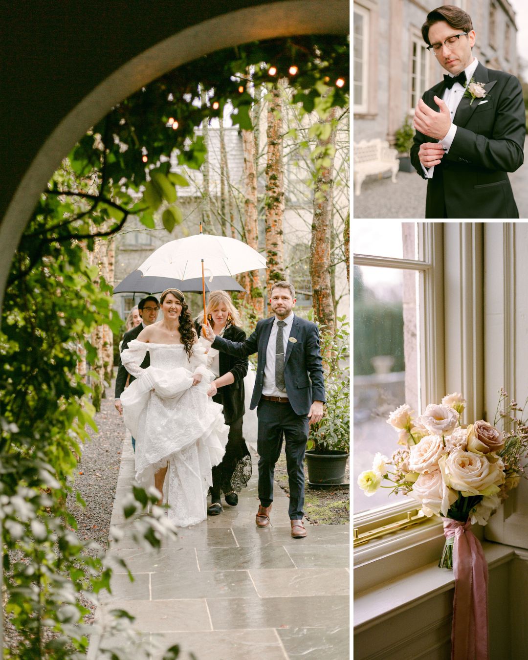 A bride walks outside under an umbrella with attendants, a groom adjusts his cufflinks, and a bouquet of flowers sits on a window ledge.