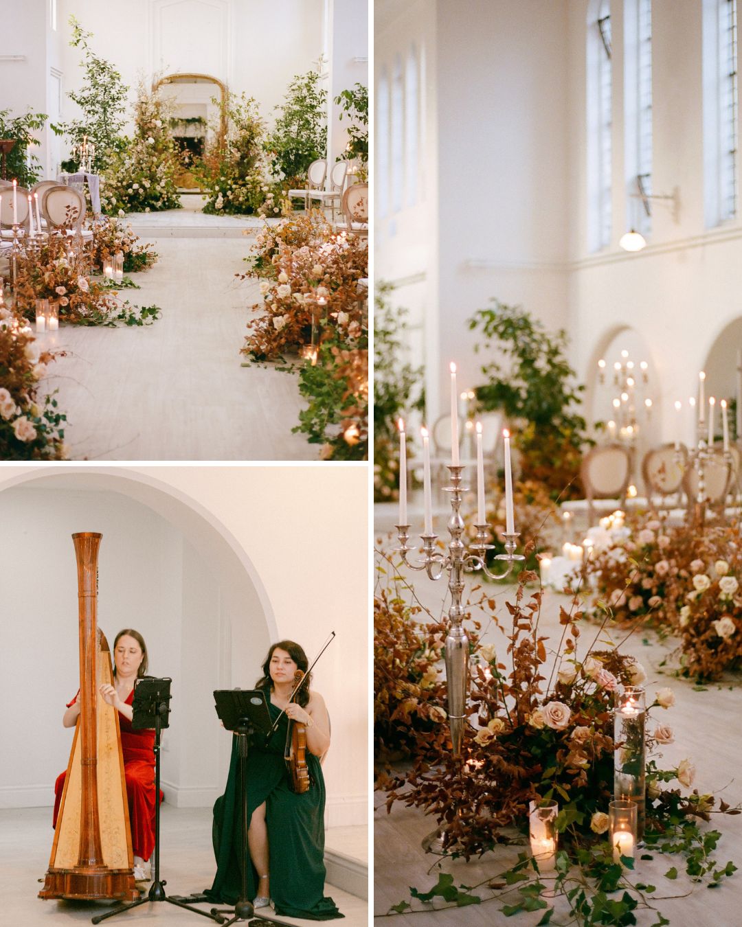 Wedding ceremony setup with floral aisle arrangements, elegant chairs, candles, and musicians playing a harp and violin in a bright, airy venue with large windows.