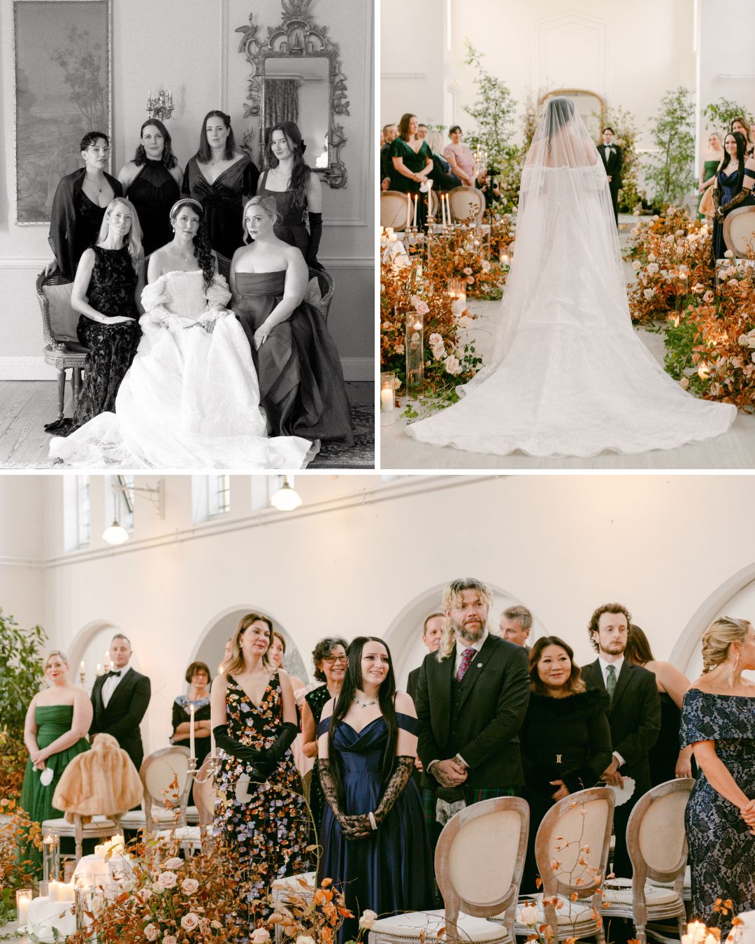 A collage shows a bridal party posing, a bride walking down the aisle, and wedding guests standing and watching the ceremony in a decorated indoor venue.