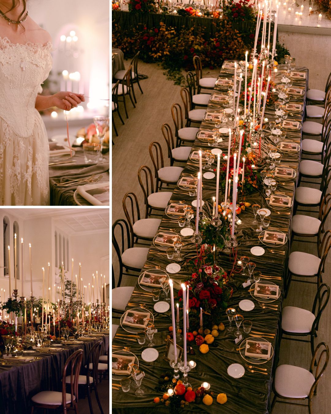 Elegant banquet table set with tall candles, floral centerpieces, and place settings; inset shows a woman in a white lace dress holding a drink.