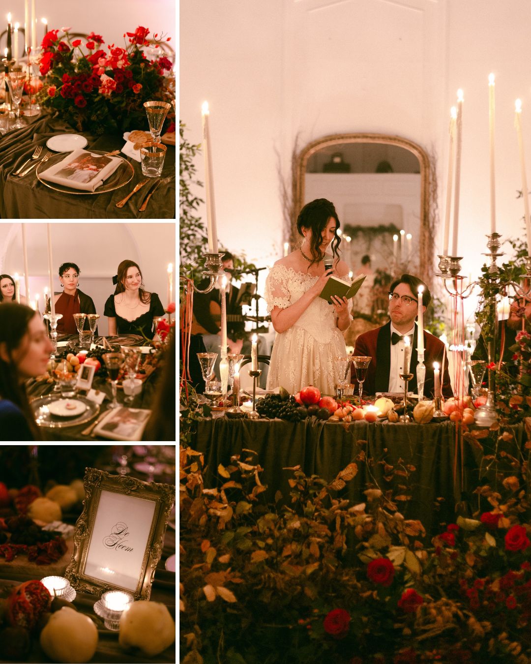 Formal dinner event with elegantly set tables, floral arrangements, candles, and a woman standing to speak while guests are seated and listening.