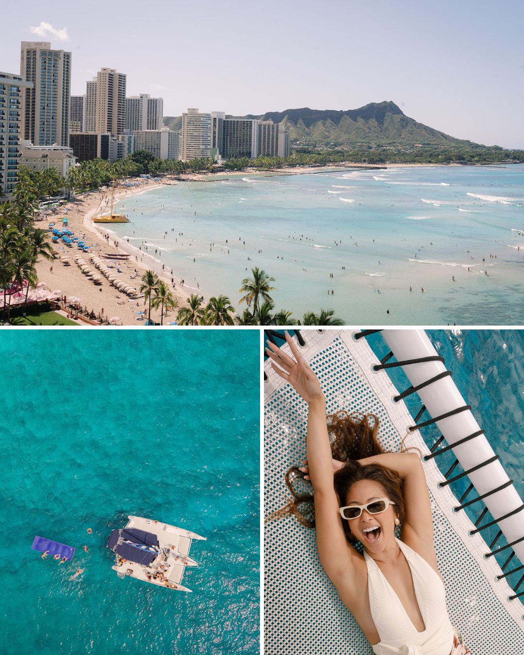 Aerial view of Waikiki Beach and Diamond Head, a boat on turquoise water, and a woman in sunglasses relaxing on a boat net.