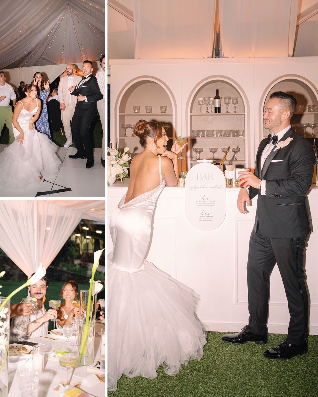 A bride in a strapless gown and a groom in a tuxedo celebrate at a wedding reception with guests, drinks, and dancing in a decorated venue.