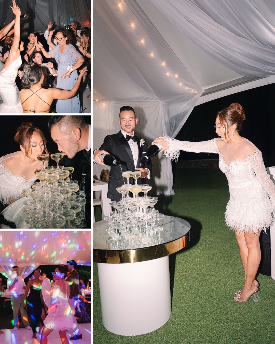 A wedding celebration collage shows dancing, a couple pouring champagne into a glass tower, and guests enjoying the party under a white tent with string lights.