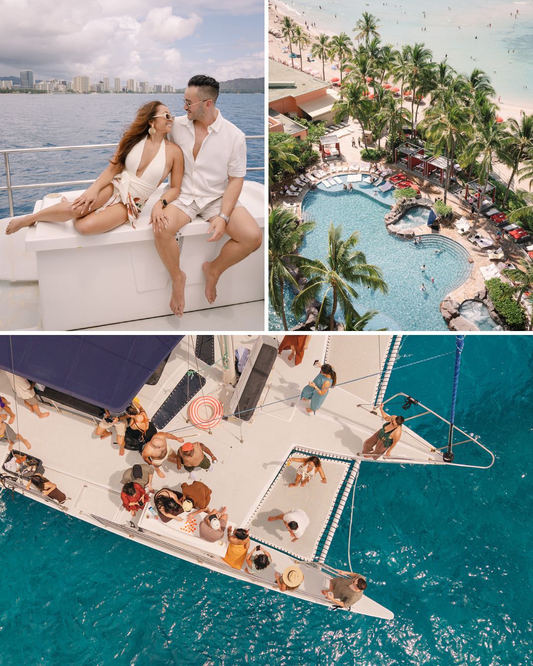 Collage of three images: a couple sitting on a boat, an aerial view of a tropical resort pool, and people gathered on a catamaran in clear blue water.