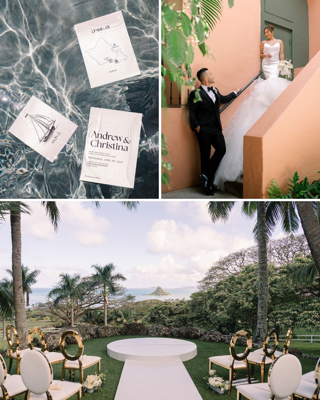 Three images: wedding invitations on water, a bride and groom on stairs, and an outdoor wedding ceremony setup with palm trees and ocean view.