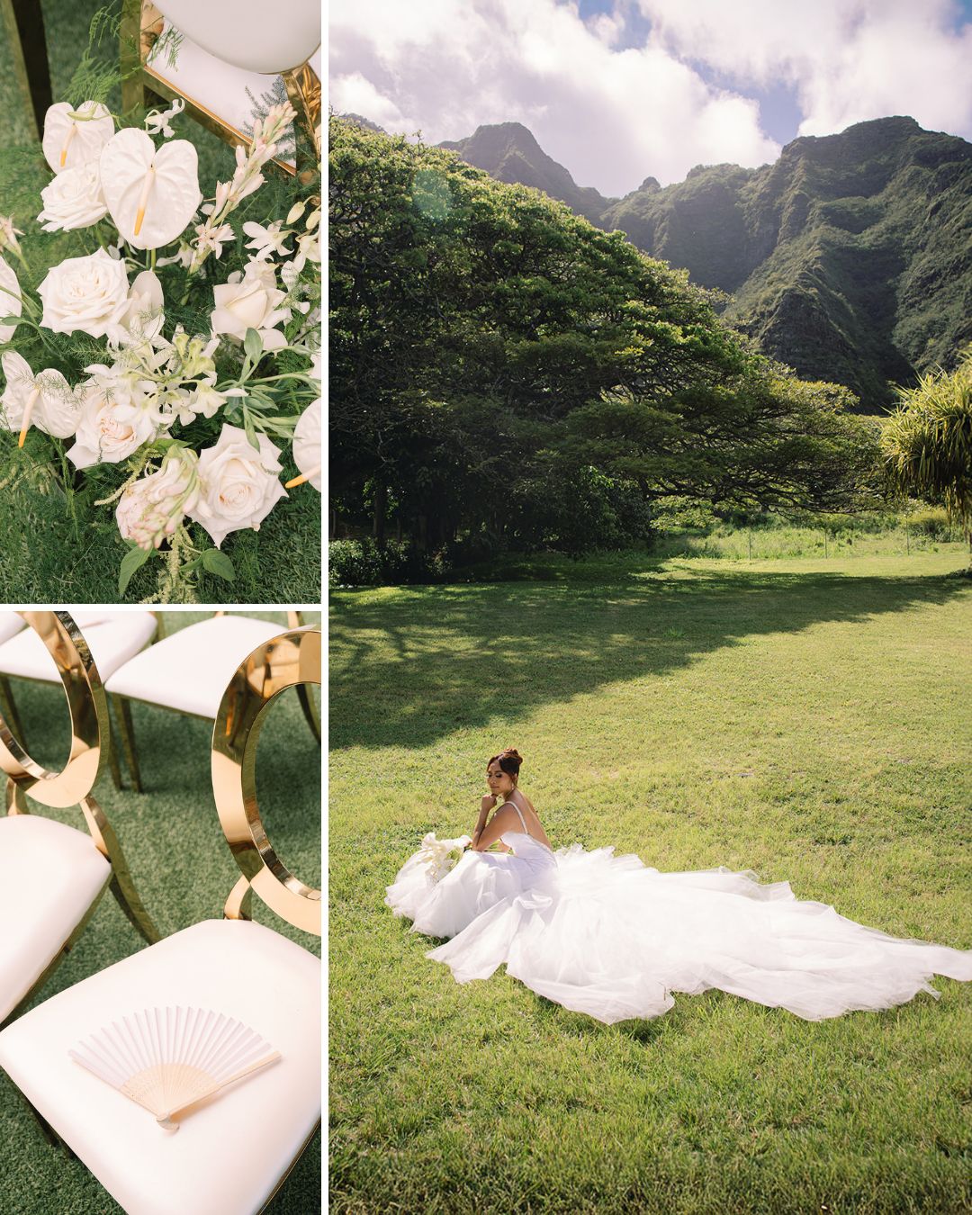 A bride in a white gown sits on grass in a scenic outdoor setting; close-ups show white floral arrangements and gold chairs with fans placed on the seats.
