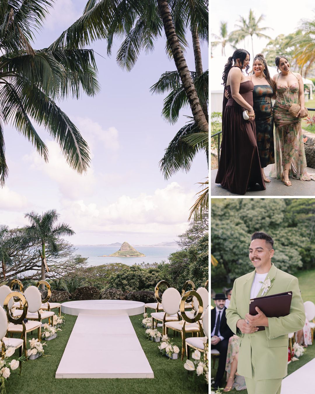 An outdoor wedding setup with chairs and flowers, tropical scenery, three women talking, and a man in a light green suit holding a folder.