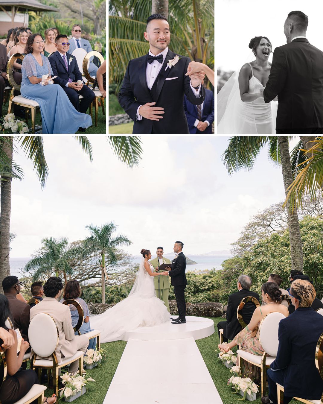 A couple stands at the altar outdoors with guests seated on both sides. Smaller images show the groom, guests, and the couple smiling at each other.