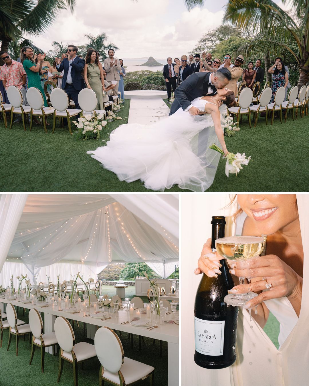 A bride and groom kiss at an outdoor wedding; tables are set under a tent; a woman holds a champagne glass and bottle, smiling.