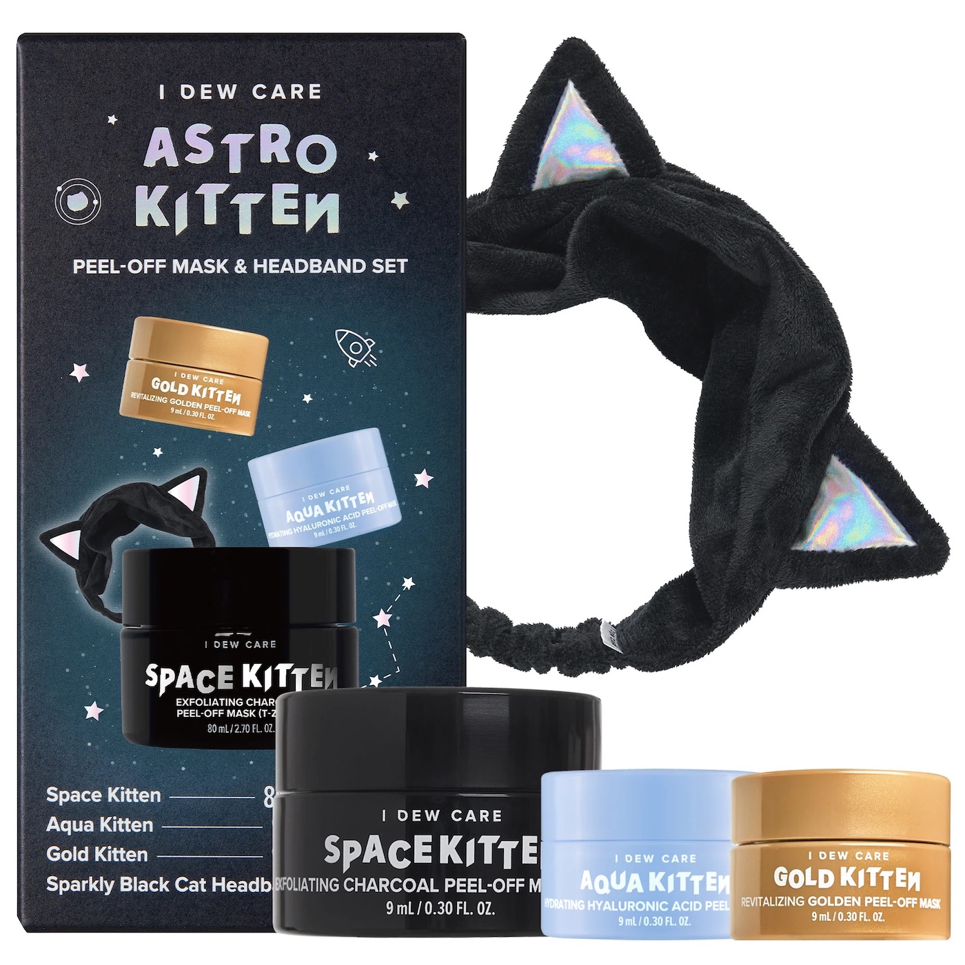 Astro Kitten peel-off mask and headband set, featuring three small jars of masks and a black cat ear headband, displayed next to the product box.