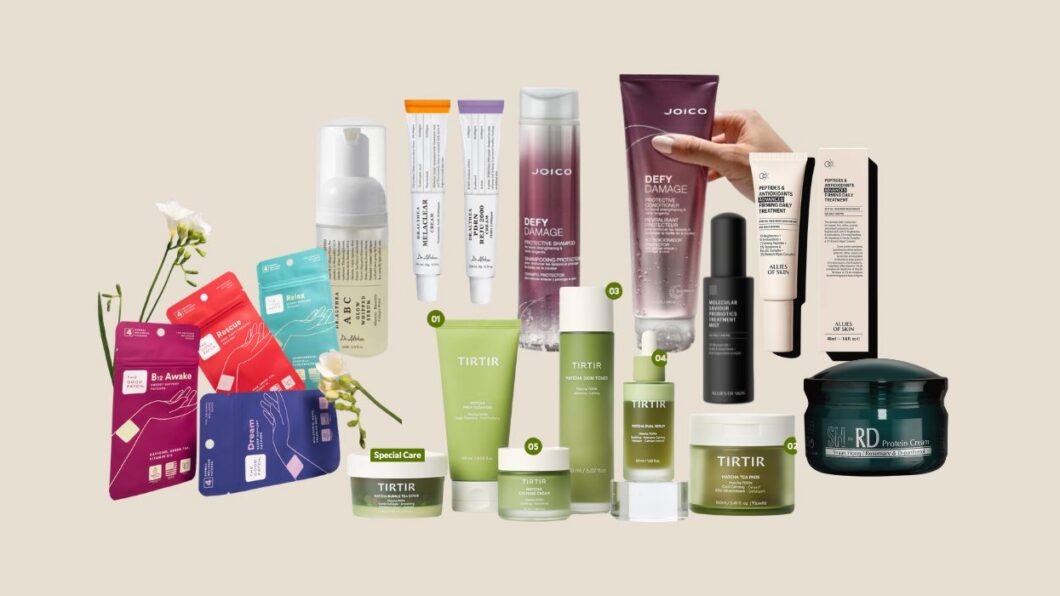 A variety of skincare and haircare products, including creams, serums, masks, and shampoos from brands like JOICO and TIRTIR, arranged against a plain background.