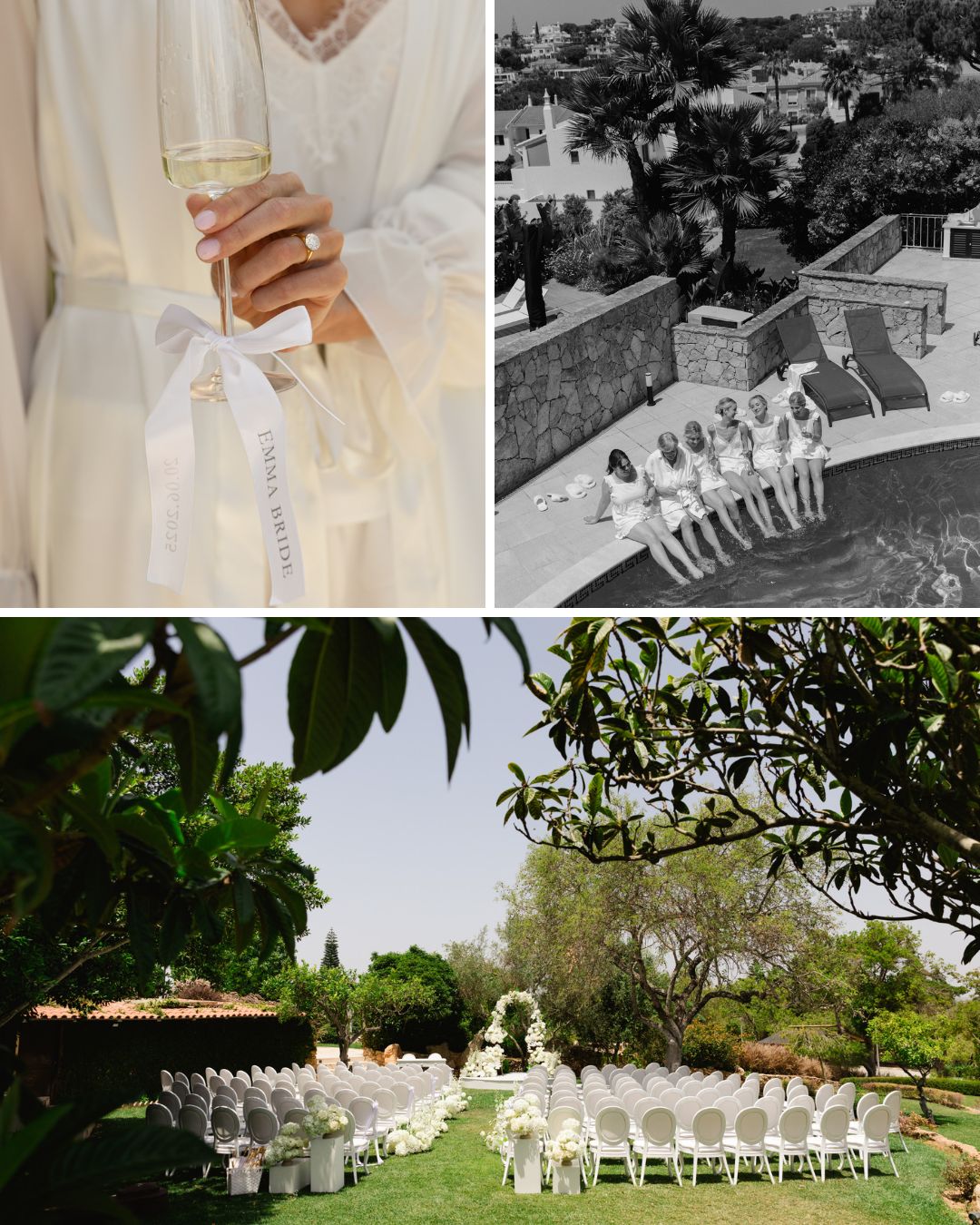 Collage of three wedding scenes: a close-up of a person holding champagne, people sitting by a pool, and a decorated outdoor ceremony area with white chairs and flowers.