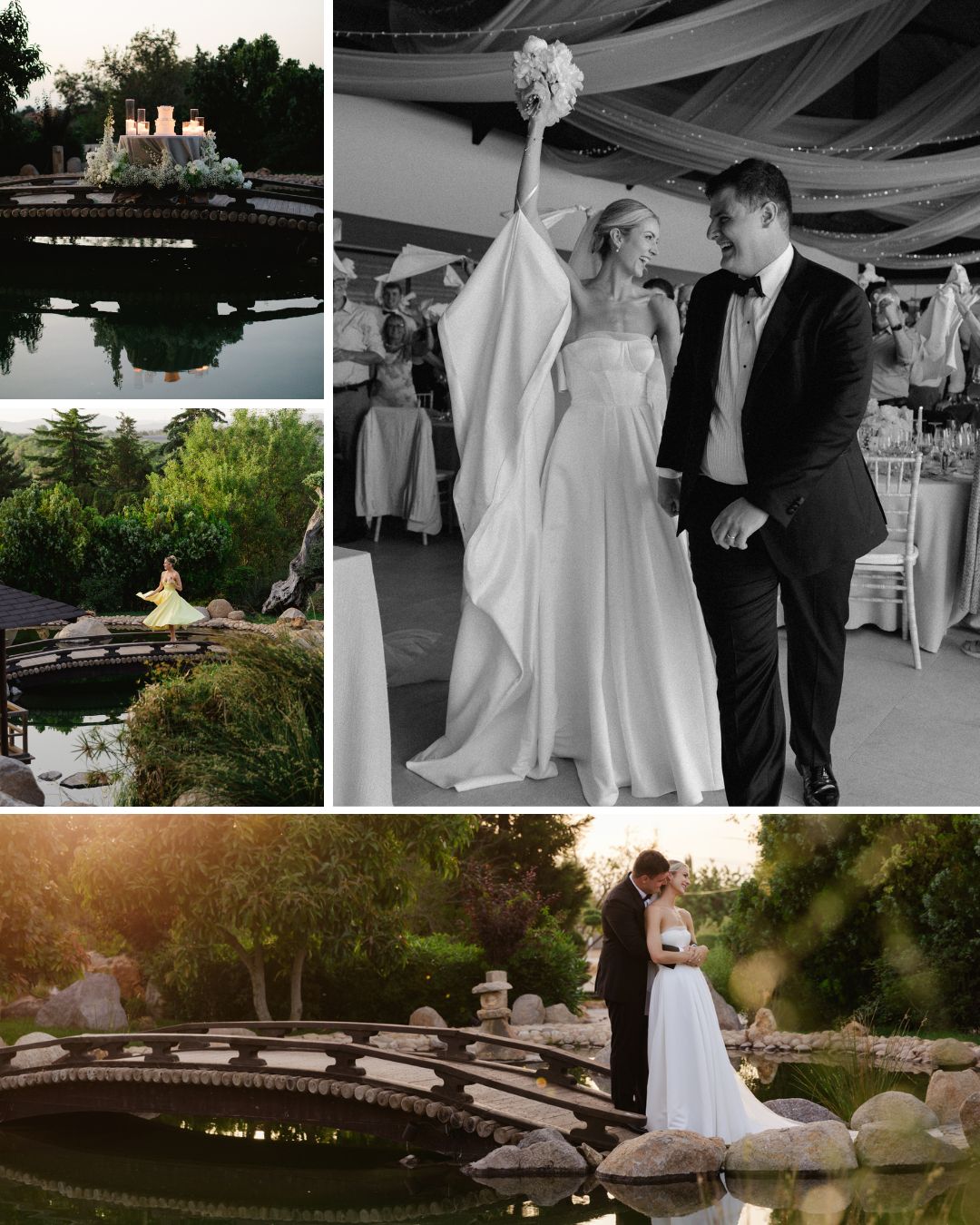 A collage of wedding photos shows a couple by a pond, a bride sitting outdoors, and the couple walking indoors under draped fabric.