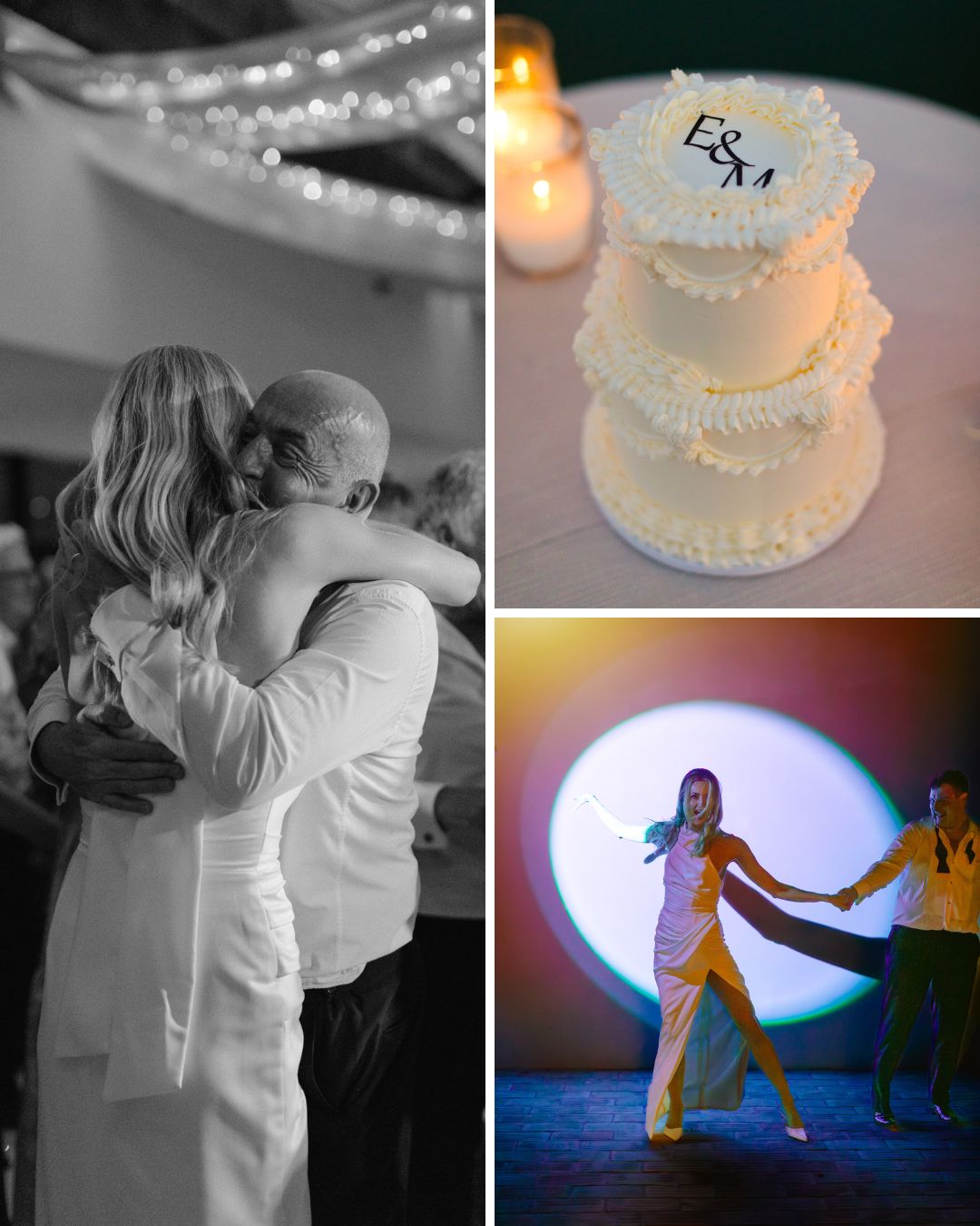A collage shows a couple hugging, a small white wedding cake with initials on top, and two people dancing on stage with a circular light backdrop.