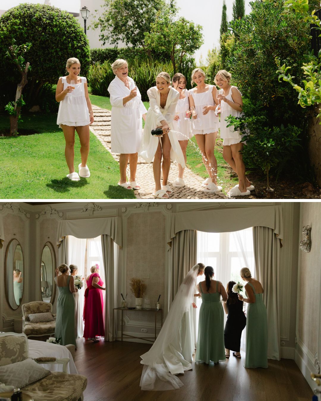 Two photos: Top shows five women in matching white outfits outdoors. Bottom shows six women, including a bride in a gown, indoors by a window, some wearing light green dresses.