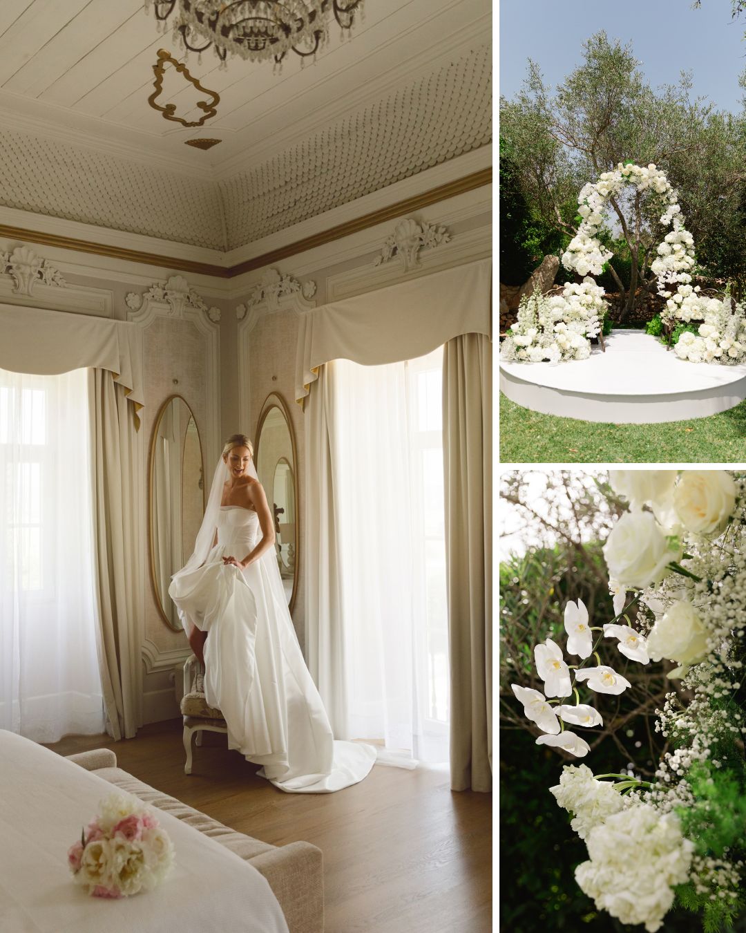 Bride in a white gown stands by a window in an elegant room; side images show a floral wedding arch and white flower arrangements outdoors.