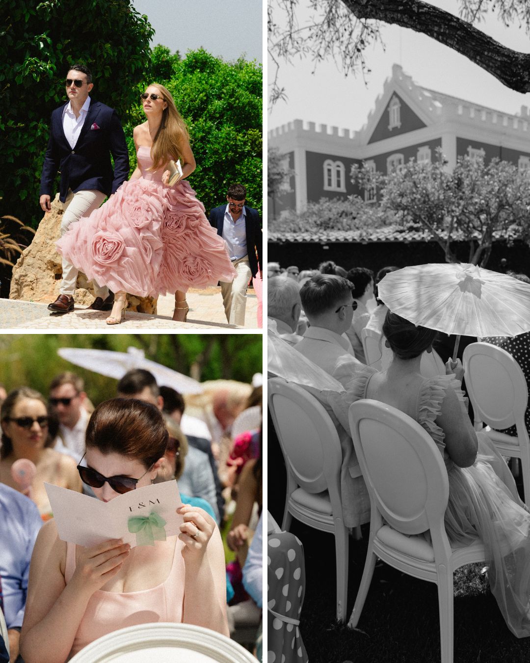 Three wedding scenes: a couple walks outdoors, guests sit at an outdoor ceremony, and a woman shields herself with a fan while others use parasols.