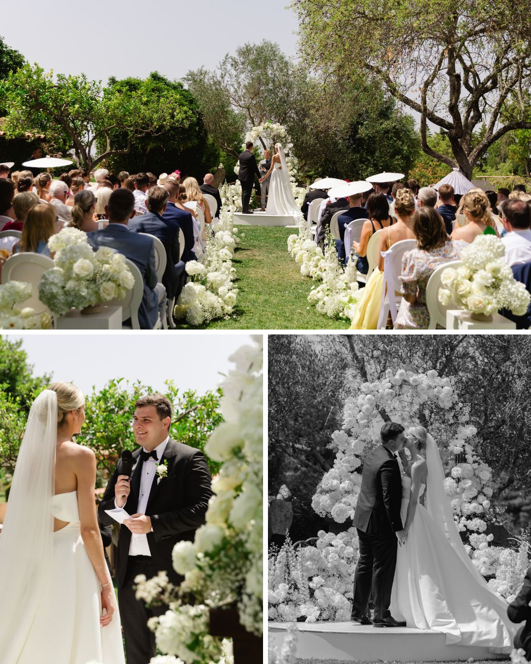 A bride and groom exchange vows outdoors, surrounded by guests and white floral arrangements, then share a kiss at the altar under a floral arch.