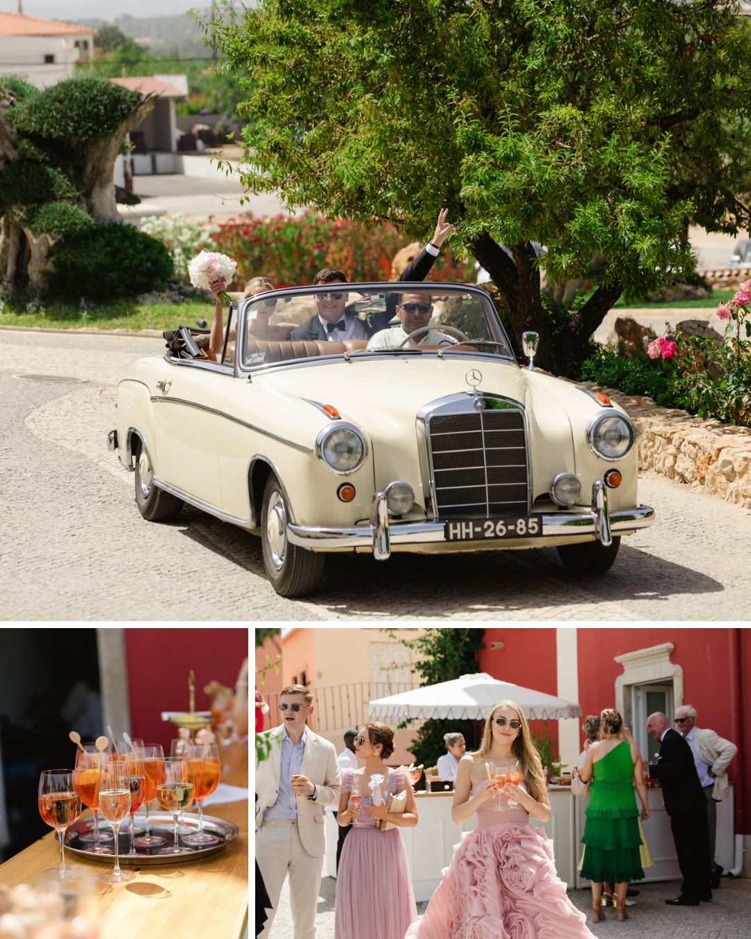 A classic white convertible drives on a sunny road; below, people in formal attire hold drinks at an outdoor event with a red building in the background.
