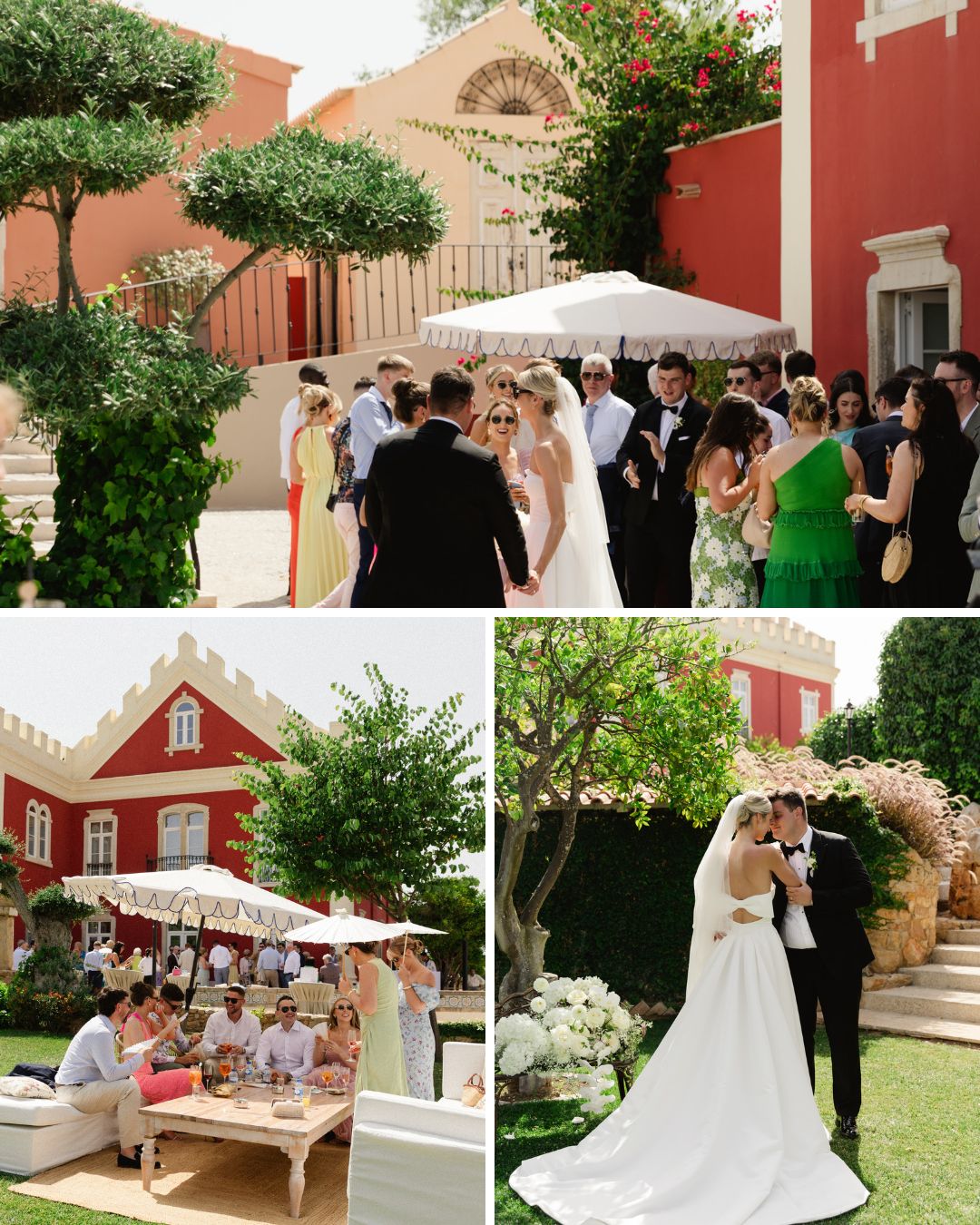Three wedding scenes outdoors: guests mingling, a group seated at a table under umbrellas, and a bride and groom embracing in a garden by a red building.