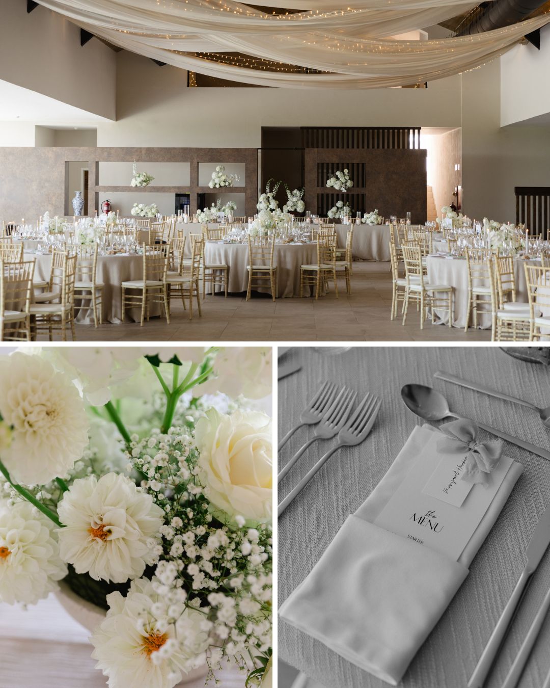 A decorated wedding reception hall with round tables, white floral centerpieces, and neatly arranged place settings with napkins and silverware.