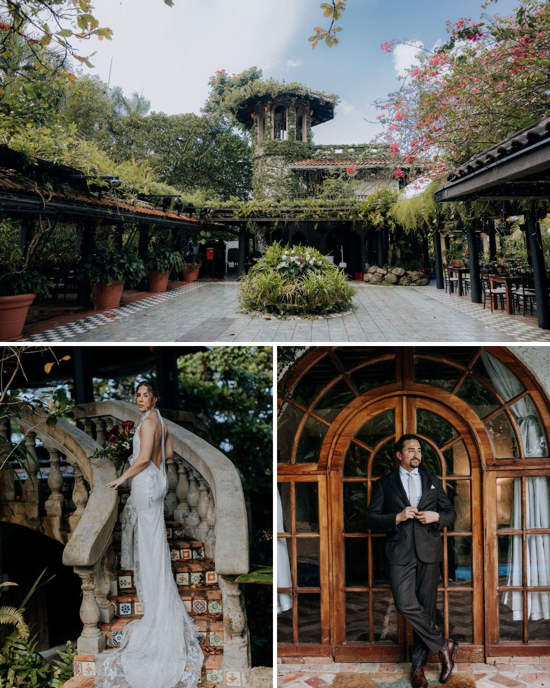 A lush courtyard with greenery above; below, a woman in a white dress stands on stairs and a man in a suit stands by a wooden arched door.