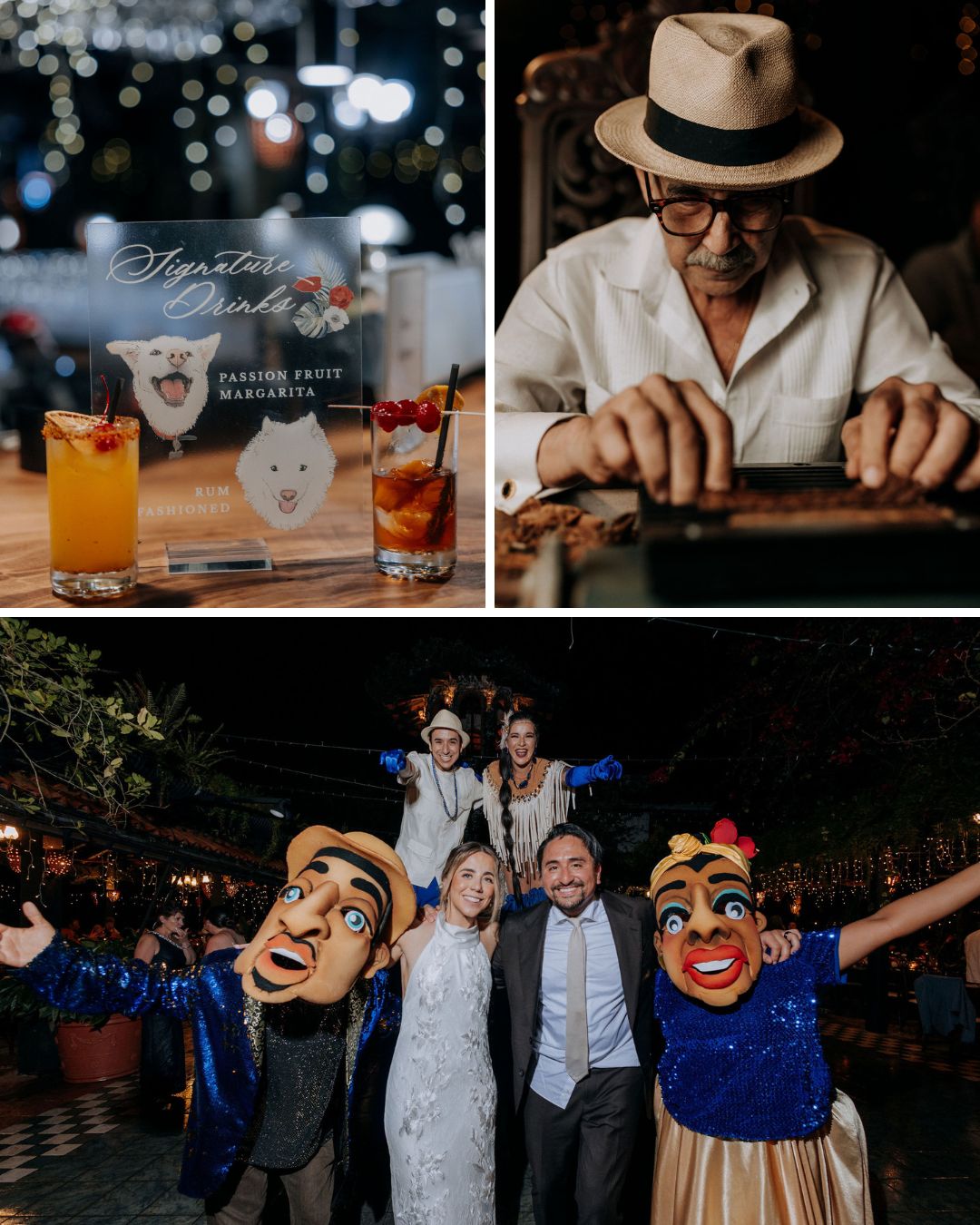 A collage shows cocktails with a menu, a man in a hat rolling a cigar, and people in costumes posing with a bride and groom at a festive event.