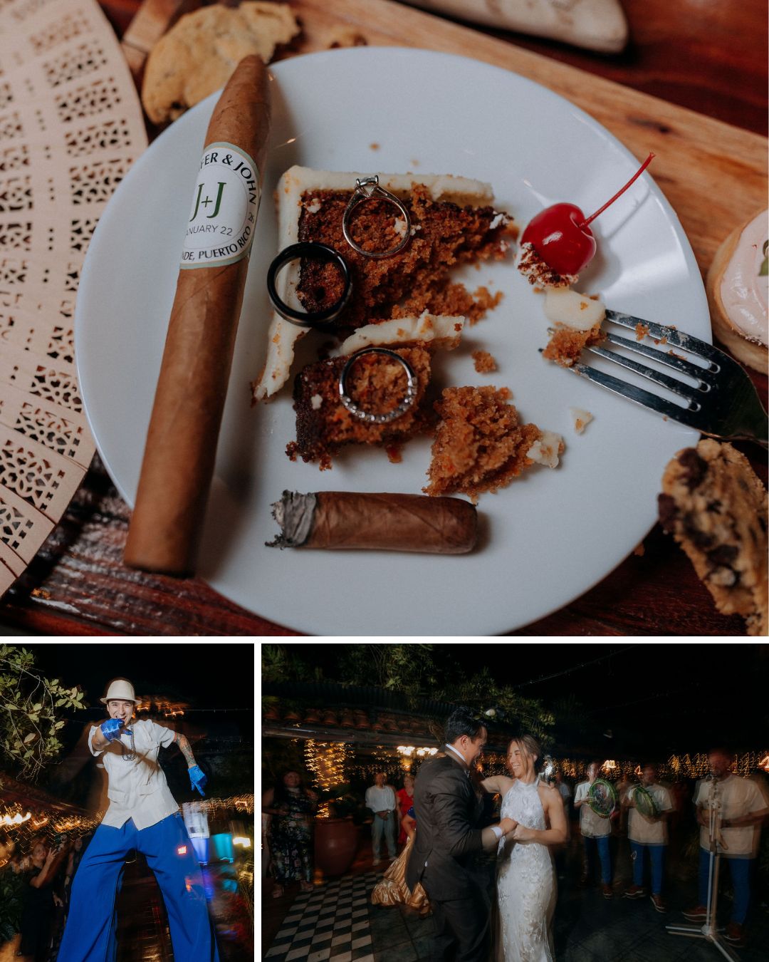 A plate with cake slices, a cigar, a cookie, and two rings; below, a performer and a bride and groom dancing at a wedding reception.