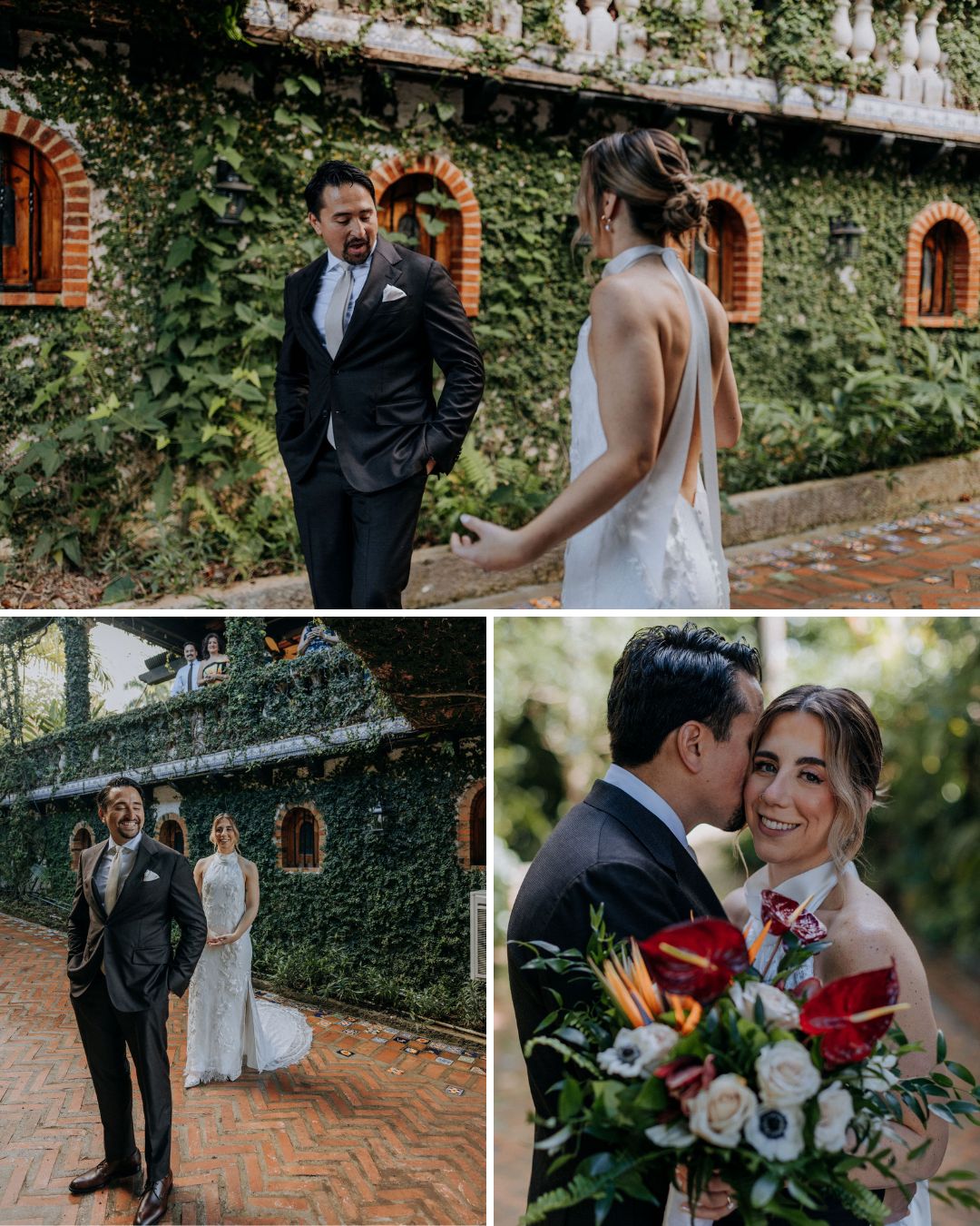 A bride and groom pose for wedding photos outdoors, standing near a brick and ivy-covered building, holding a bouquet and smiling at each other.