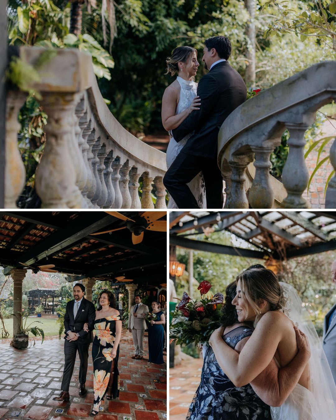 A couple poses on a stone staircase, stands together at a ceremony, and the woman hugs another guest at an outdoor wedding.