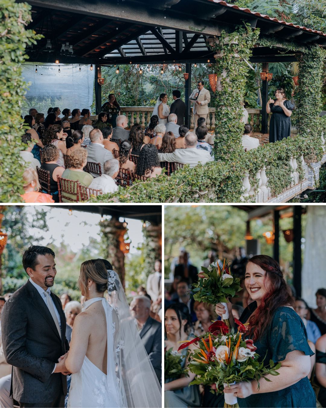 A wedding ceremony outdoors under a vine-covered pavilion, with guests seated, a couple exchanging vows, and a woman holding a bouquet.