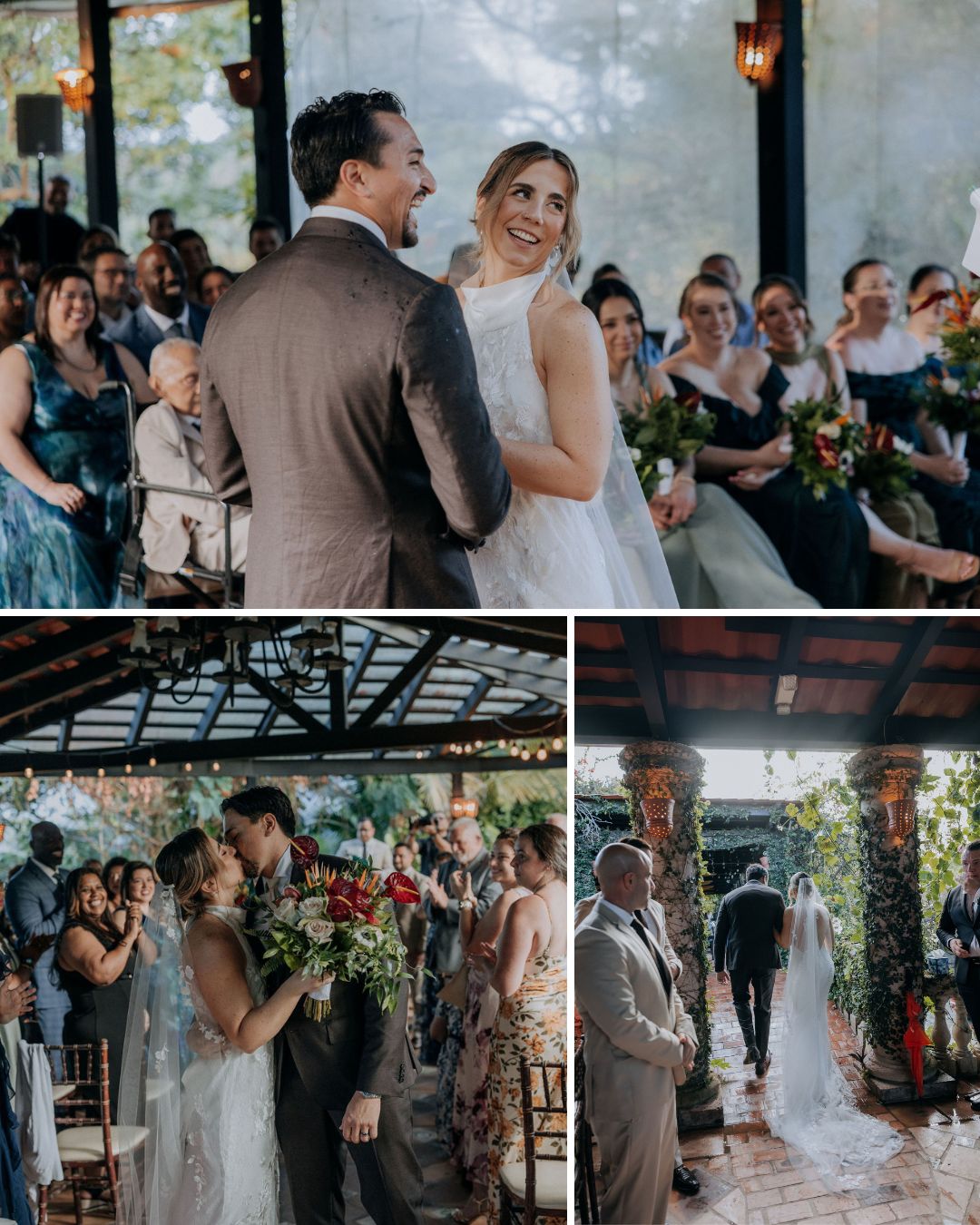 A bride and groom celebrate their wedding ceremony with guests, exchanging vows and sharing a kiss in a garden venue.