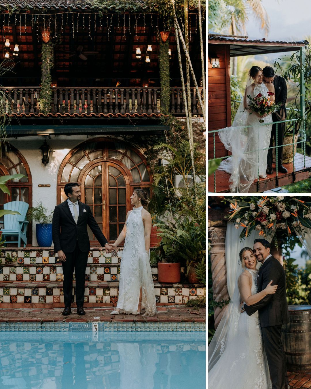 Three wedding photos: a couple poses by a pool, under an archway, and embracing in a garden setting, with lush greenery and a rustic building in the background.