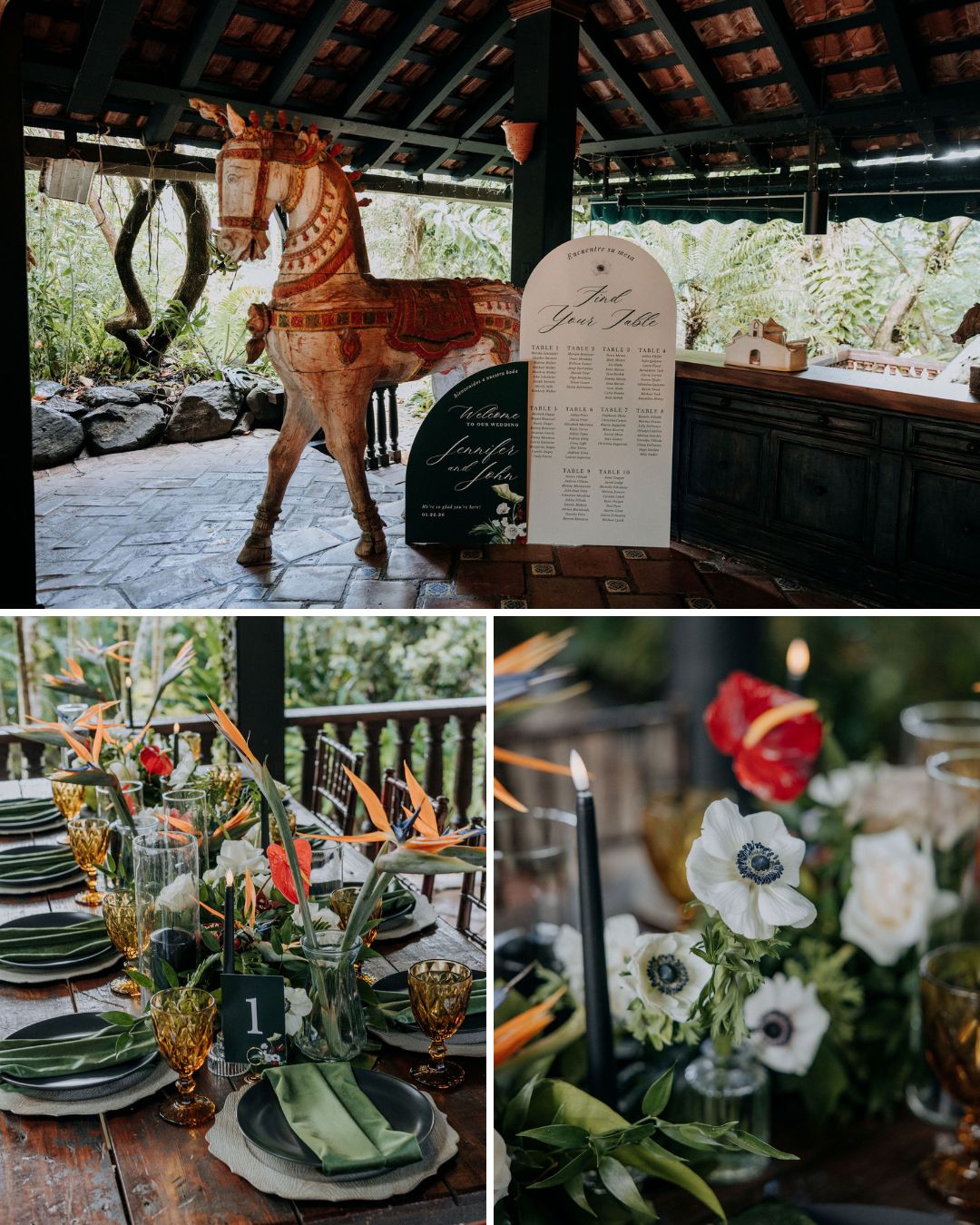Decorated event space with a wooden horse statue, seating chart, dining table settings with green napkins, and floral centerpieces including white and red flowers.