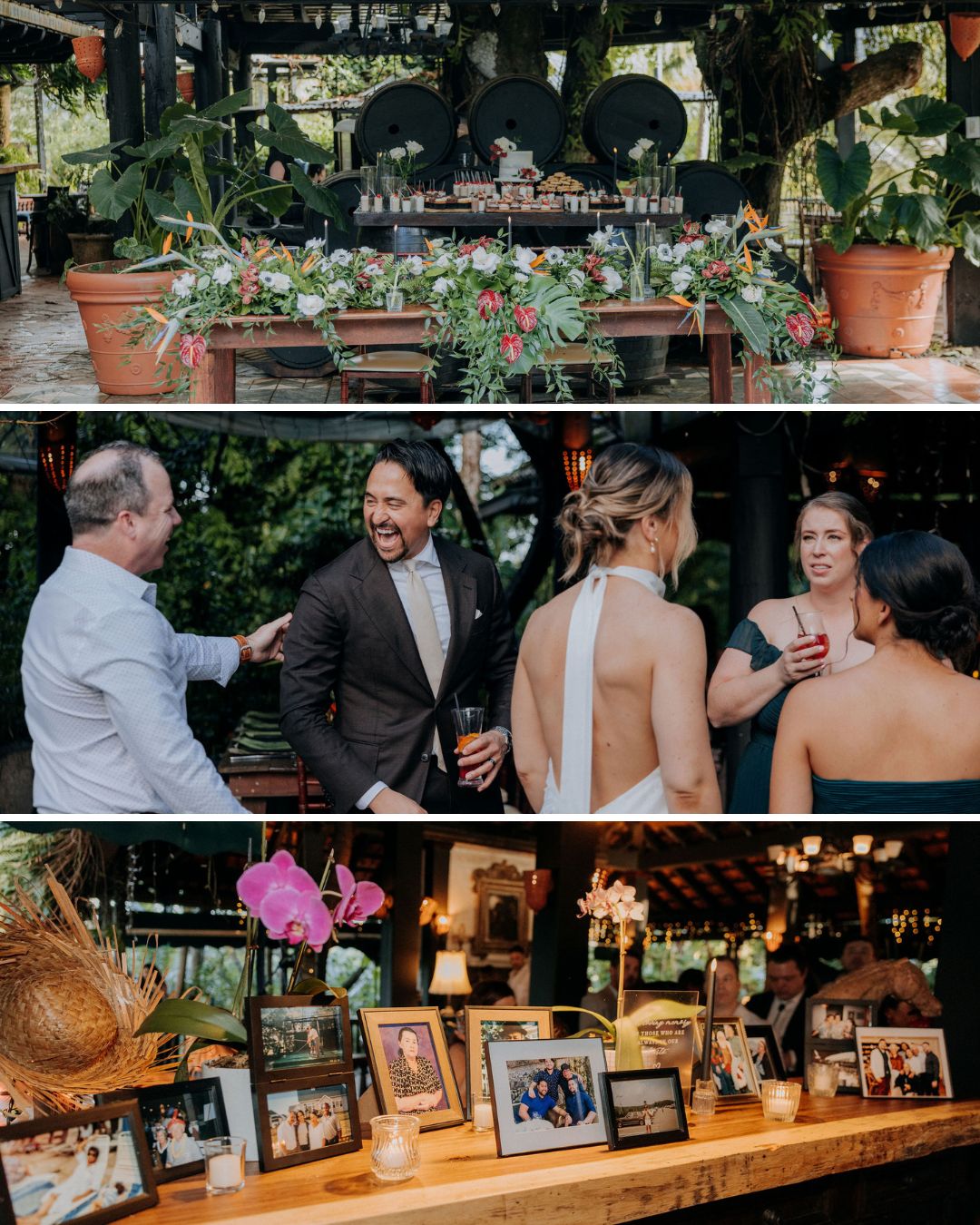 Three photos: a decorated table with plants, guests talking at an event, and a display of framed photos and flowers on a wooden surface.