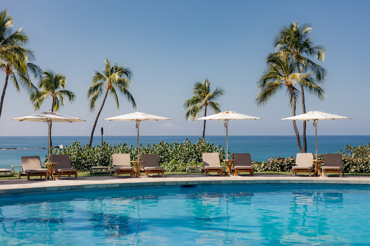 A row of lounge chairs and white umbrellas beside a swimming pool, with palm trees and the ocean in the background under a clear sky.