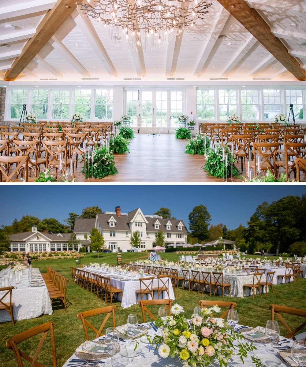 Top: Indoor wedding ceremony setup with wooden chairs and greenery. Bottom: Outdoor reception tables and chairs arranged on a lawn in front of a large house.