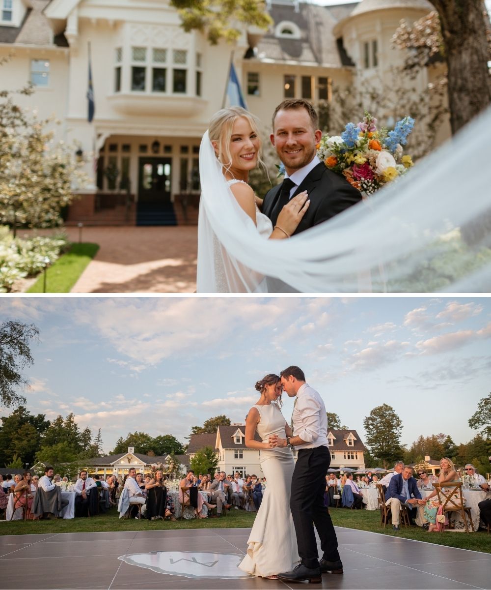 A bride and groom pose in front of a house, then share a first dance outdoors on a circular stage with guests seated in the background.