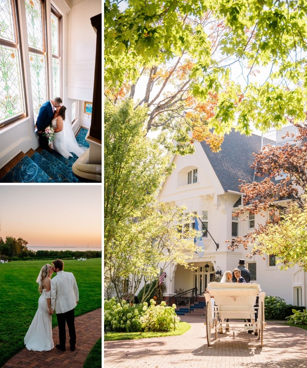 A bride and groom pose indoors, kiss outdoors at sunset, and leave in a horse-drawn carriage in front of a large white house surrounded by trees.