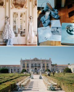 Collage with wedding dresses on hangers, blue shoes and rings on a table, and an outdoor wedding ceremony setup in front of a grand palace.